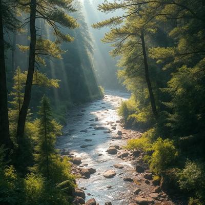 The primary subject of the image is a river flowing through a forest. The river is surrounded by rocks and trees, creating a serene and natural atmosphere. The setting is a forest with a sunny day, providing a bright and inviting backdrop. The visual style of the image is a photo, capturing the beauty of the river and its surroundings. The colors and mood of the image are predominantly green, with the sunlight creating a warm and calming ambiance.